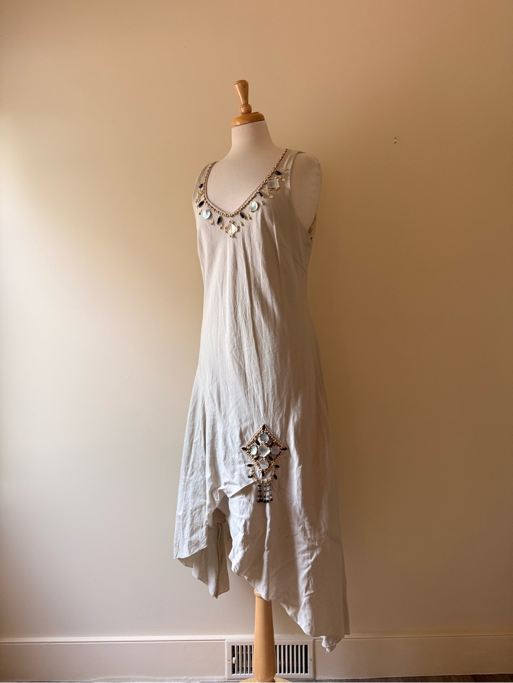 Sienna Embellished Linen Asymmetrical Maxi Dress Size 46